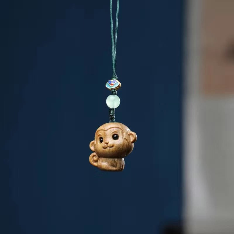 BEMY--- Green Sandalwood Carved Little Monkey Hanging Chain