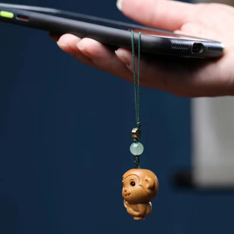 BEMY--- Green Sandalwood Carved Little Monkey Hanging Chain