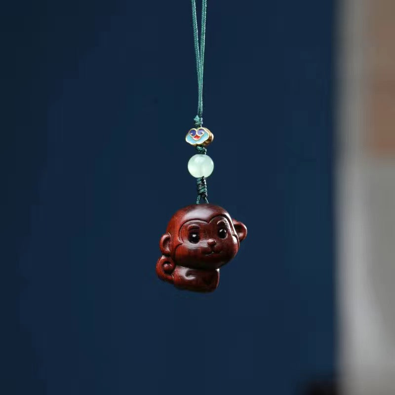 BEMY--- Green Sandalwood Carved Little Monkey Hanging Chain