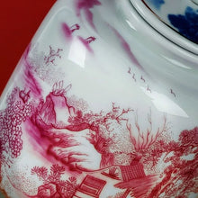 Load image into Gallery viewer, Retro tea agate red landscape blue and white tea storage jar
