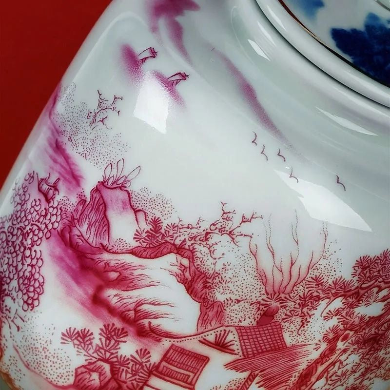 Retro tea agate red landscape blue and white tea storage jar