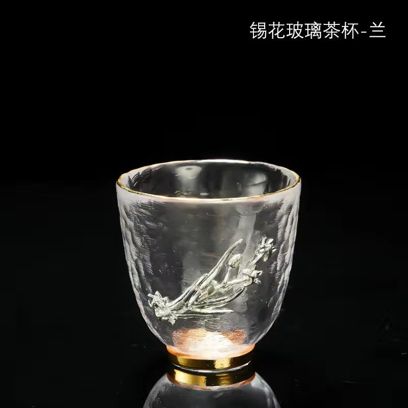 Tin-inlaid crystal glass teacup Jianzhan Thickened Four Gentlemen Teacup