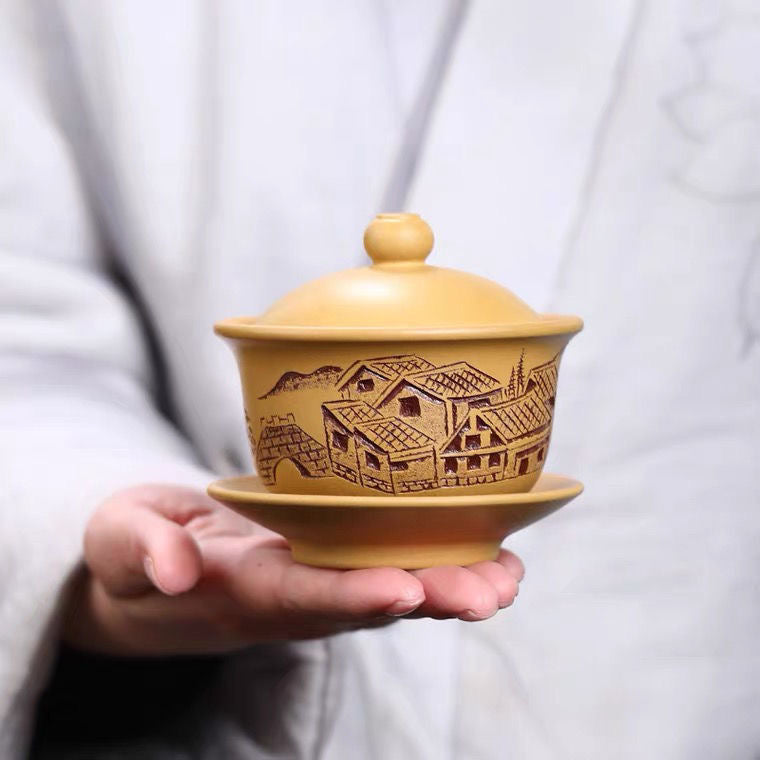 Mud Relief Sculpture Yixing Handmade Raw Ore Purple Sand Covered Bowl in Jiangnan Town