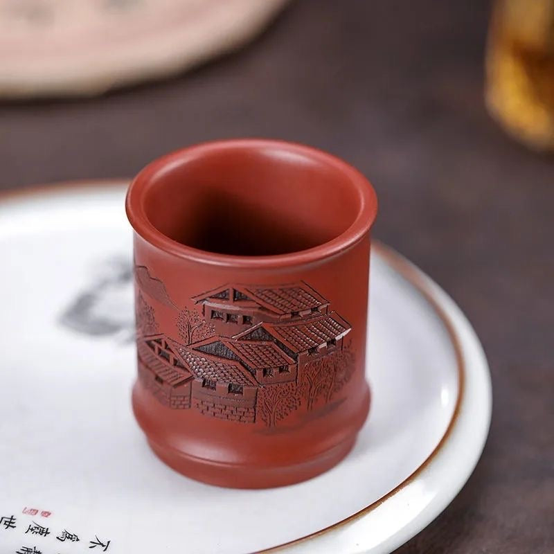 Yixing purple sand pure hand-carved landscape pastoral house carved and painted bamboo Teacup