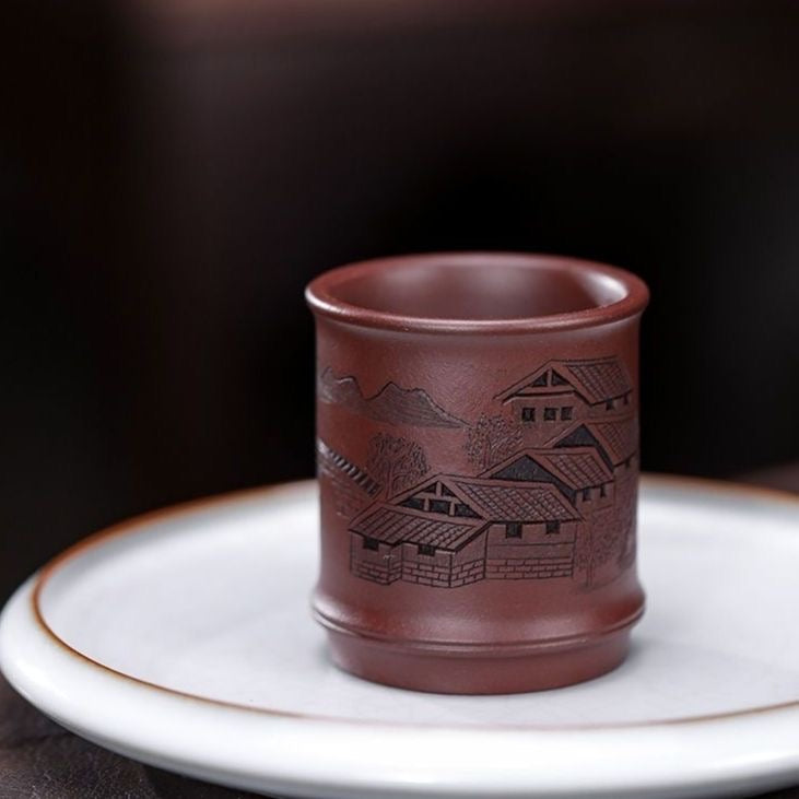 Yixing purple sand pure hand-carved landscape pastoral house carved and painted bamboo Teacup