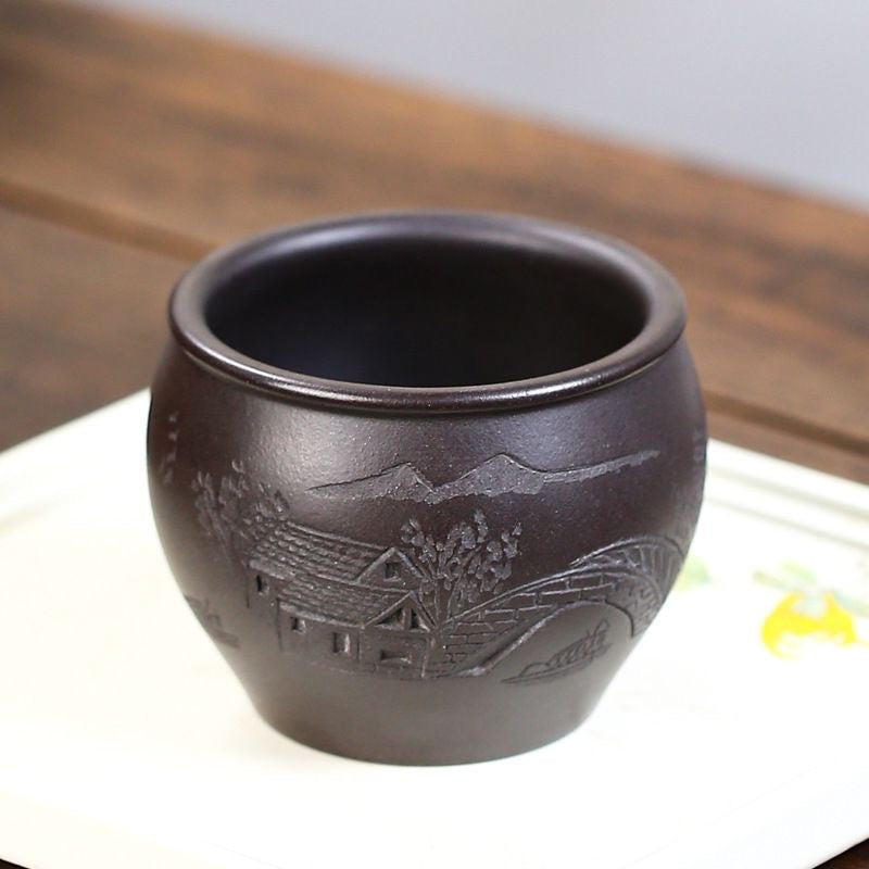 Yixing stone yellow material hand-carved and painted Jiangnan cylinder cup Teacup 150CC