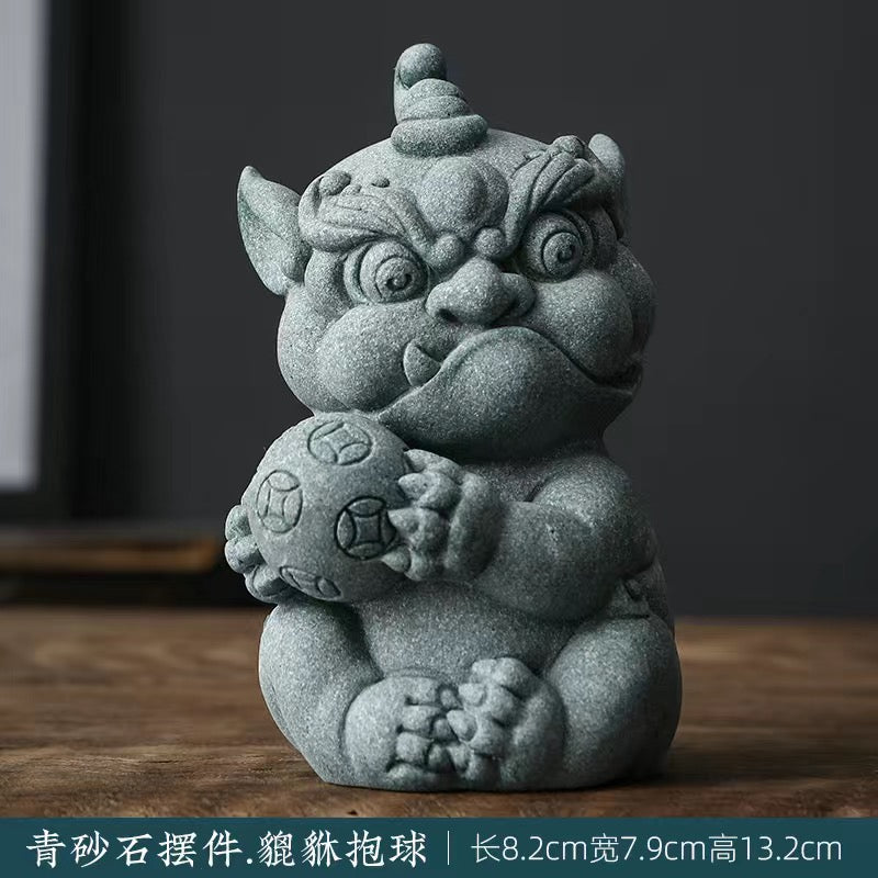 Lion dance green sandstone national trend oriental lion dance Tea pet