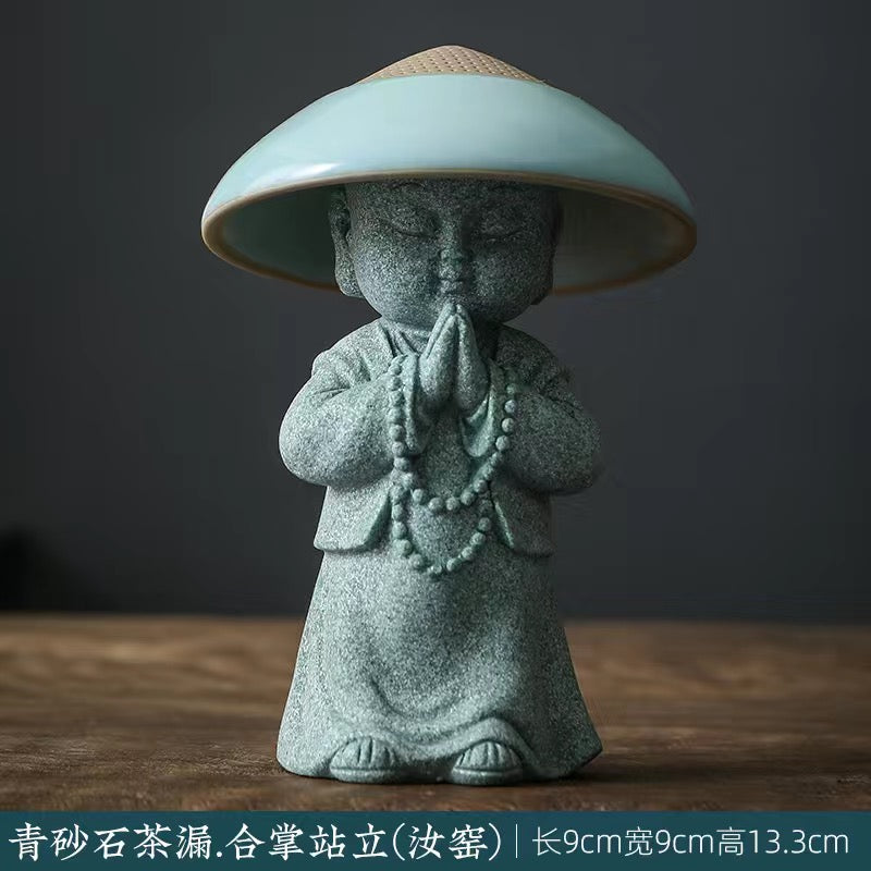 Creative Ru kiln tea pet green sandstone little monk filter decoration Tea pet