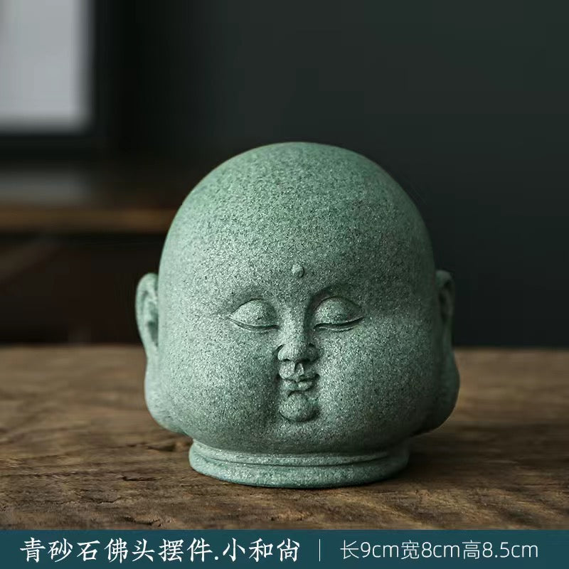 Green Sand Stone Buddha Head Tea Pet Ornament