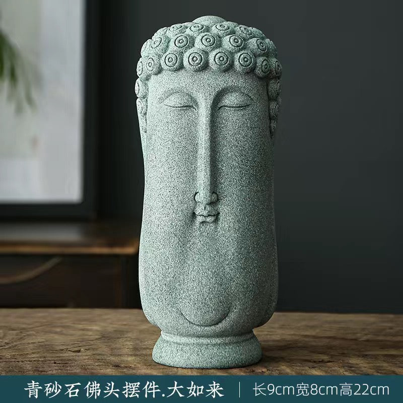 Green Sand Stone Buddha Head Tea Pet Ornament