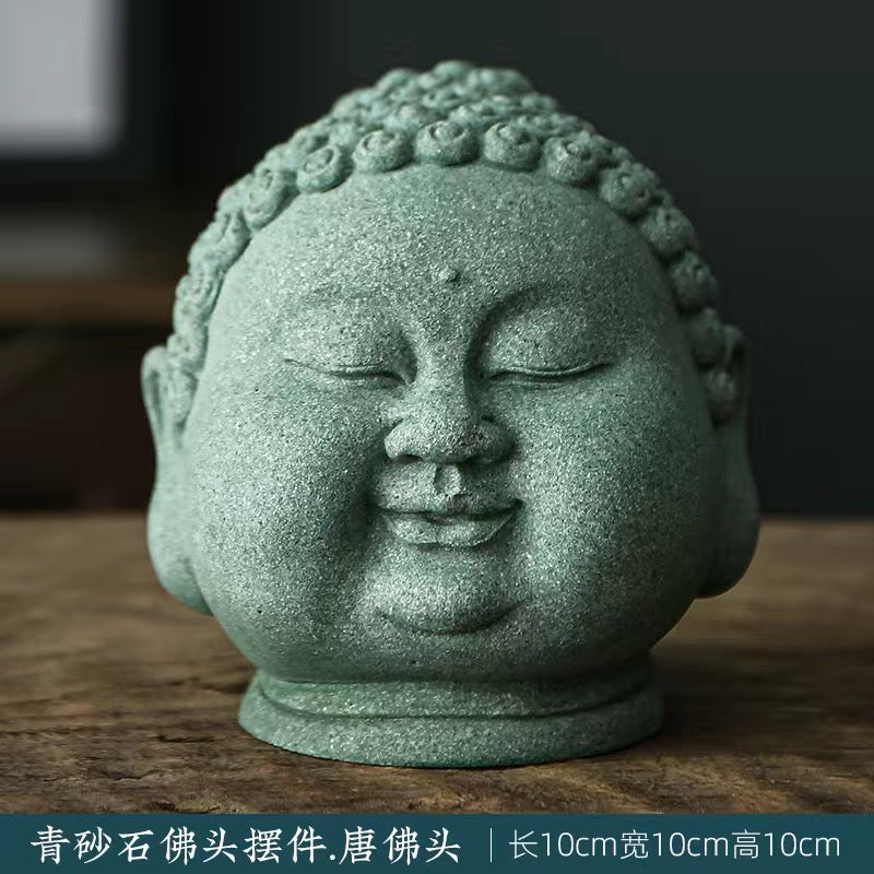 Green Sand Stone Buddha Head Tea Pet Ornament