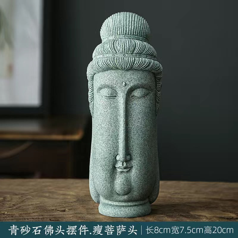 Green Sand Stone Buddha Head Tea Pet Ornament