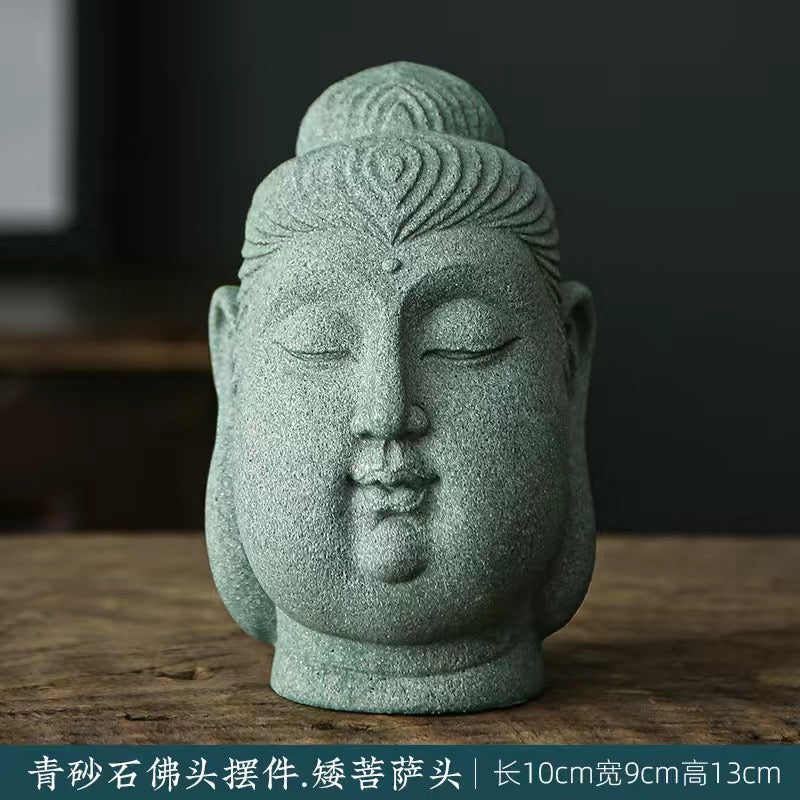 Green Sand Stone Buddha Head Tea Pet Ornament