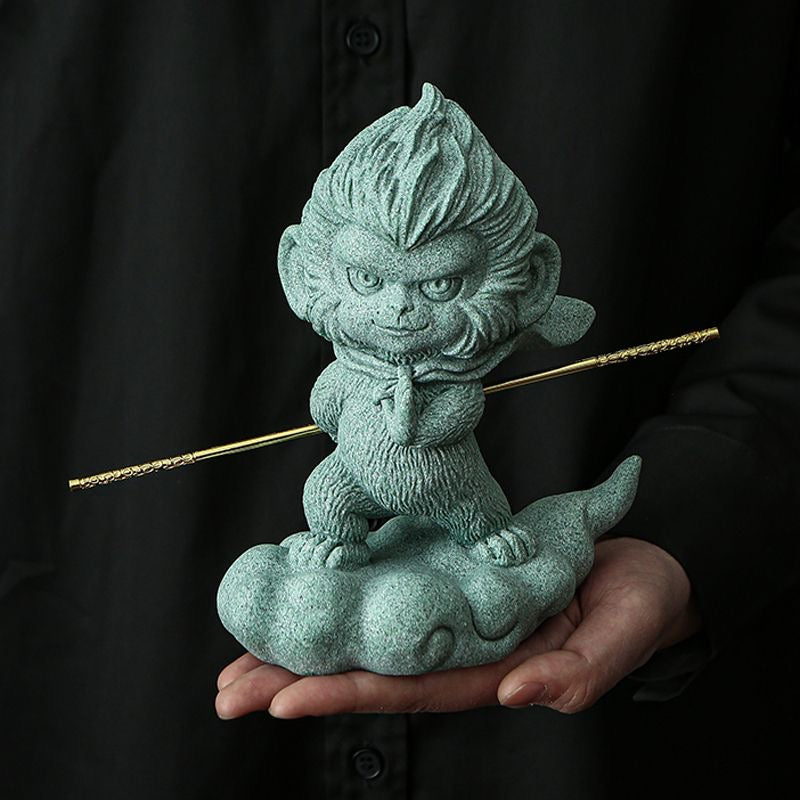 Green Sand Stone Wukong Qitian Great Holy Spirit Monkey Tea Pet Ornament