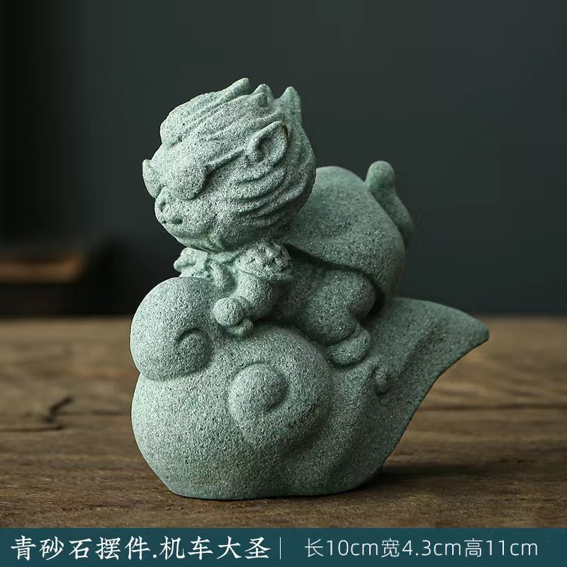 Green Sand Stone Wukong Qitian Great Holy Spirit Monkey Tea Pet Ornament