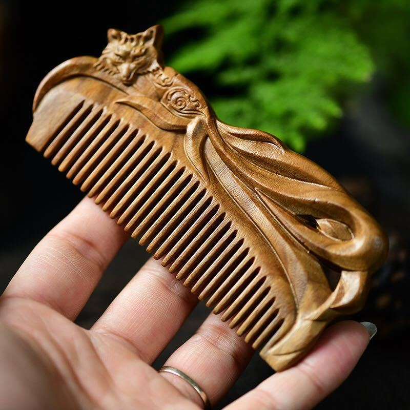 Nine-tailed carved natural sandalwood comb | Portable and vintage style massage comb, elegant gift