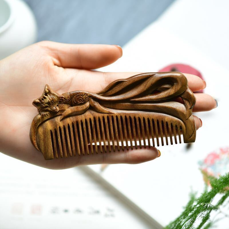 Nine-tailed carved natural sandalwood comb | Portable and vintage style massage comb, elegant gift