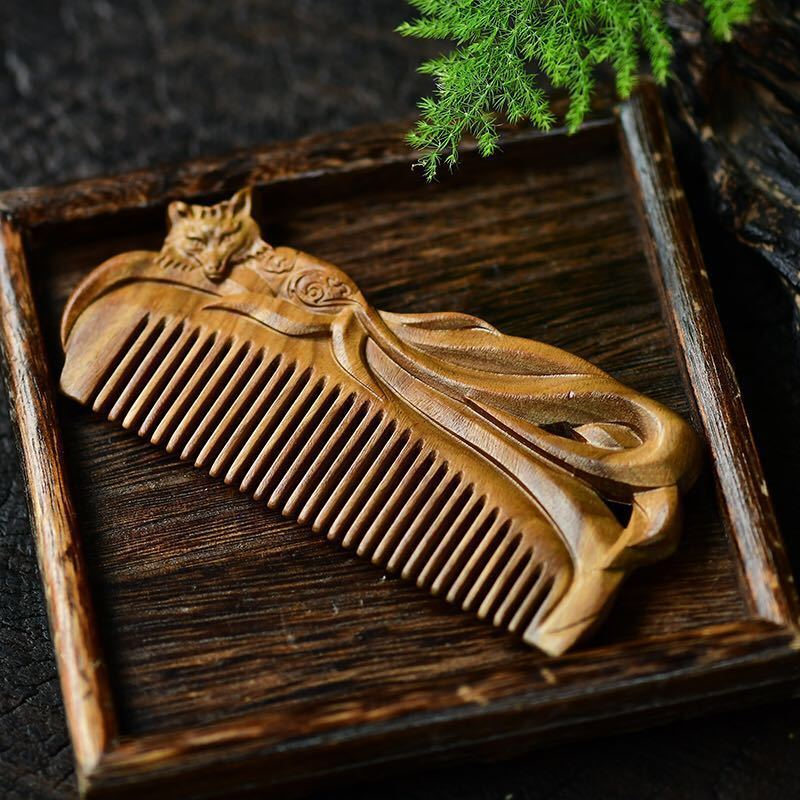 Nine-tailed carved natural sandalwood comb | Portable and vintage style massage comb, elegant gift