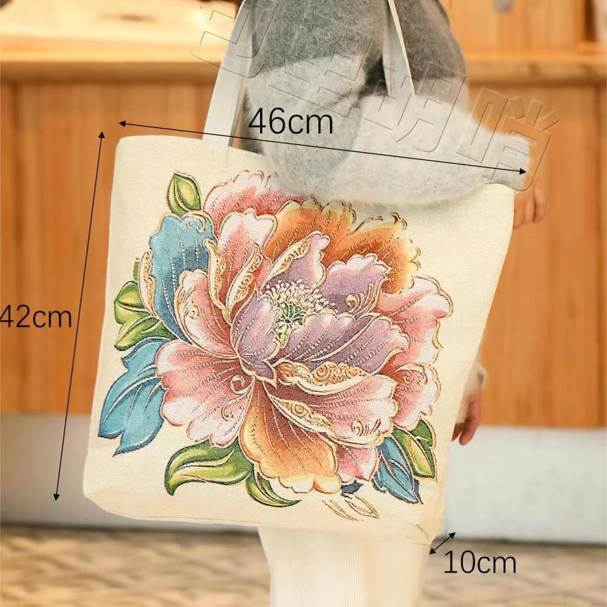 Large bag zipper shoulder bag | Double sided jacquard canvas gold silk embroidery