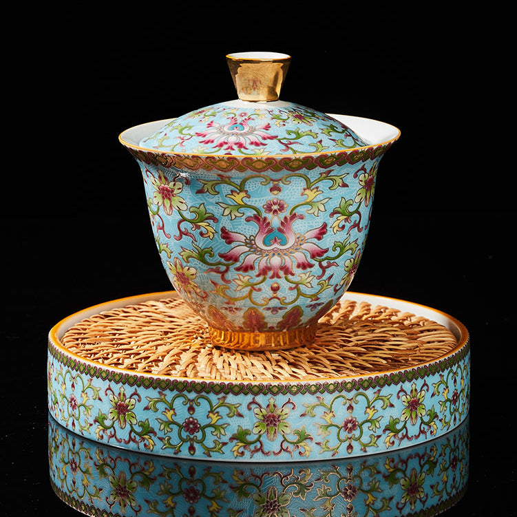 Enamel ceramic Gaiwan with pot holder teacup set