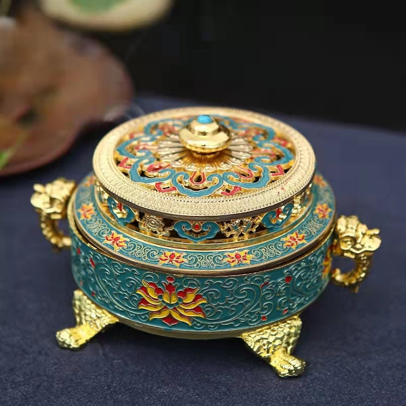 Enamel Painted Tibetan Relief Incense Burner