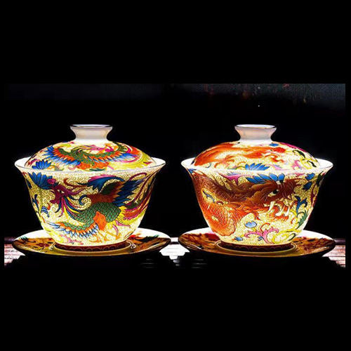 Enamel Golden Silk Auspicious Dragon Pgoenix Gaiwan Teacup Set