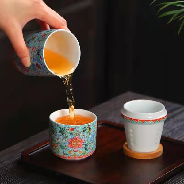 Gold Wire Enamel Ceramic Travel Teacup Set