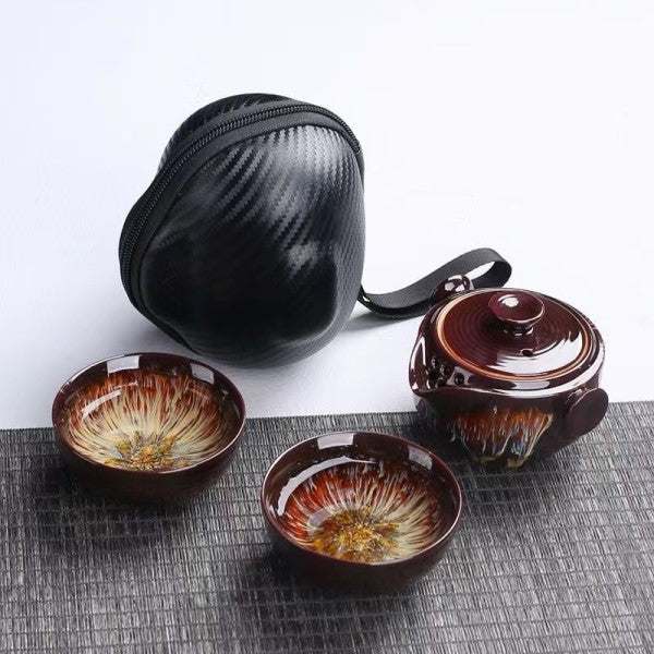 Brown tiger eyes travel teacup/teapot set