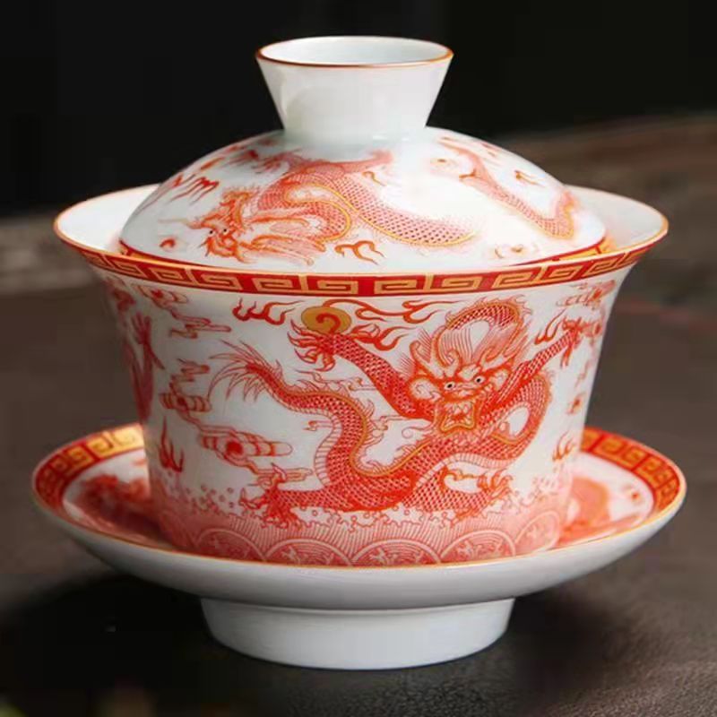 Jingdezhen red dragon pattern teacup/teapot set