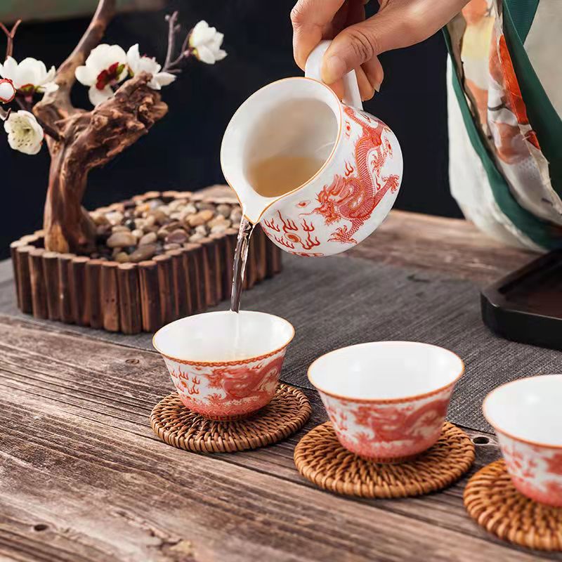 Jingdezhen red dragon pattern teacup/teapot set