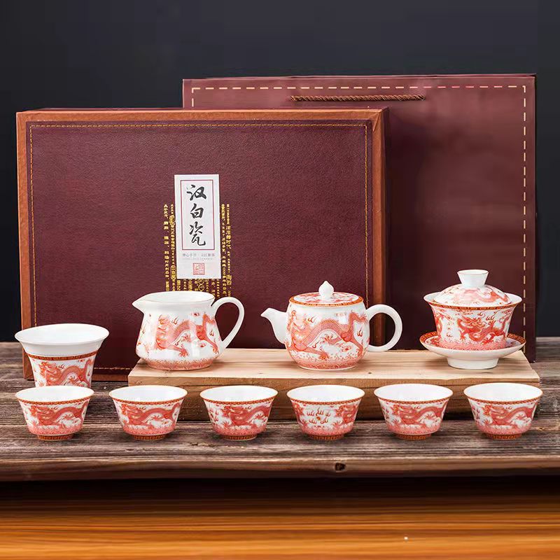 Jingdezhen red dragon pattern teacup/teapot set