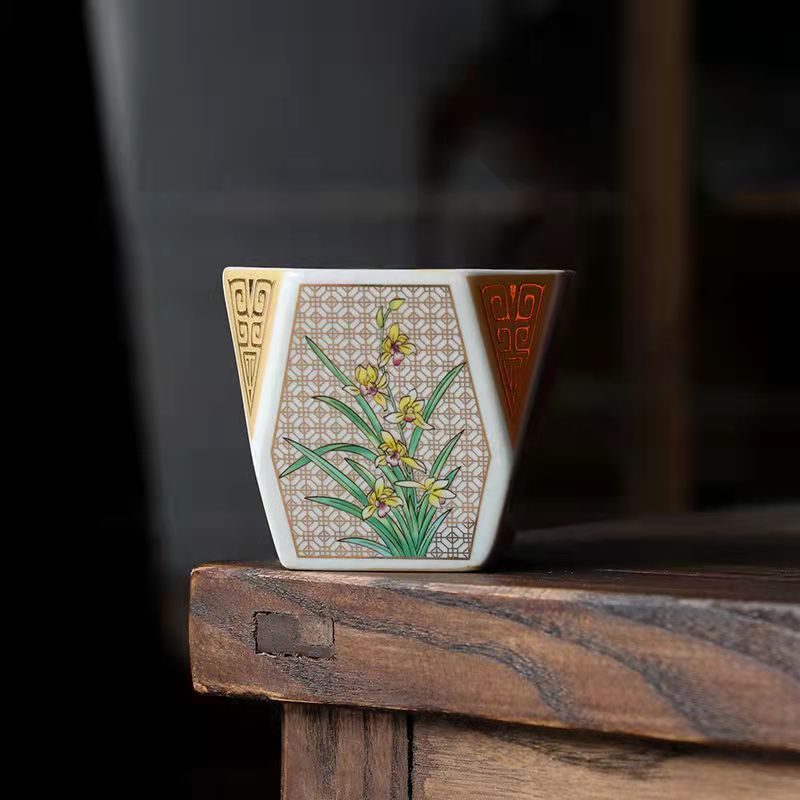 Master Collection --Cloisonne Enamel Four Gentlemen  in Flowers Square Teacup (M14)