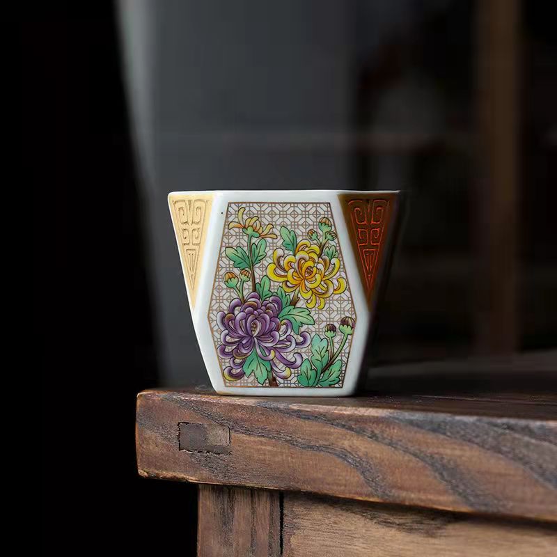 Master Collection --Cloisonne Enamel Four Gentlemen  in Flowers Square Teacup (M14)