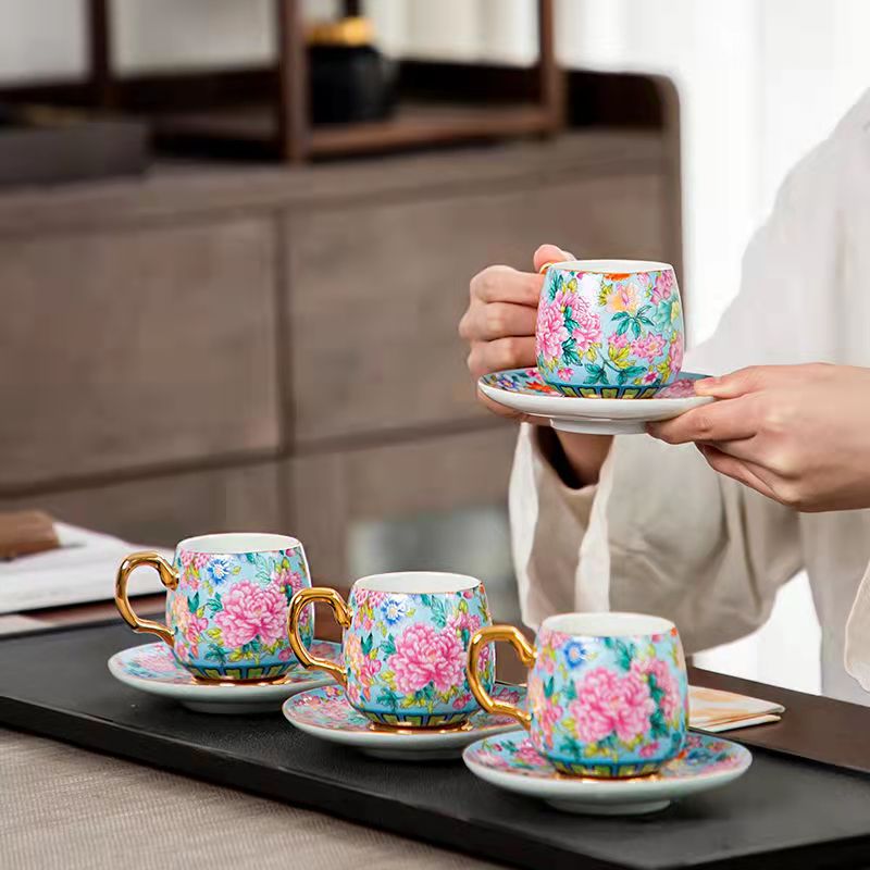 Enamel Golden Silk Pink Flower Lady Teacup with Cup Holder