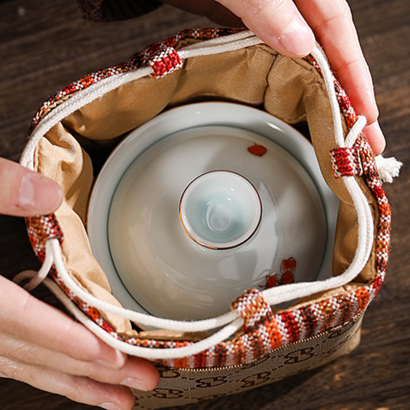 Satin tea set travel teacup bag