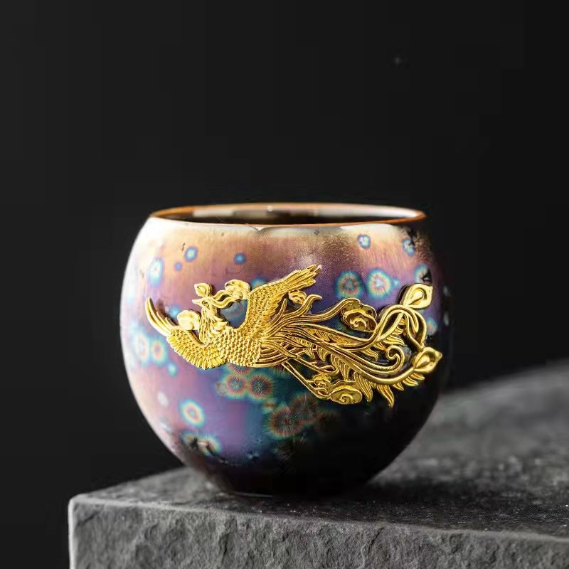 Colorful 3D Peacock Dragon and Phoenix Teacup Set