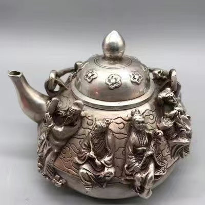 Antique Eight Immortals high beam silver teapot