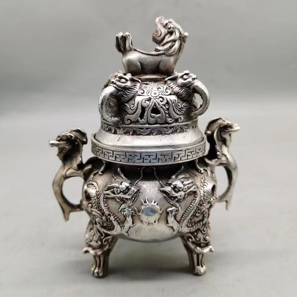 Antique White Bronze Two Dragons Playing Pearls Incense Burner Incense Burner Ornament