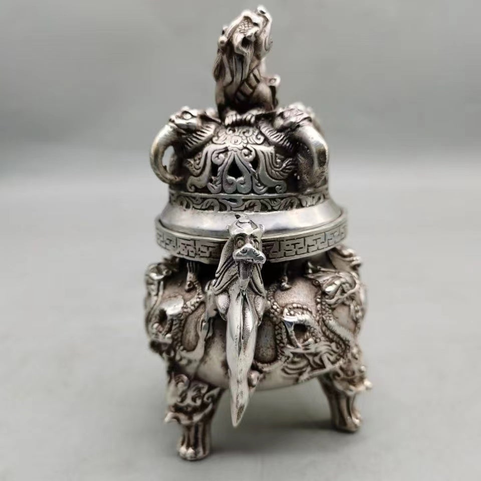 Antique White Bronze Two Dragons Playing Pearls Incense Burner Incense Burner Ornament