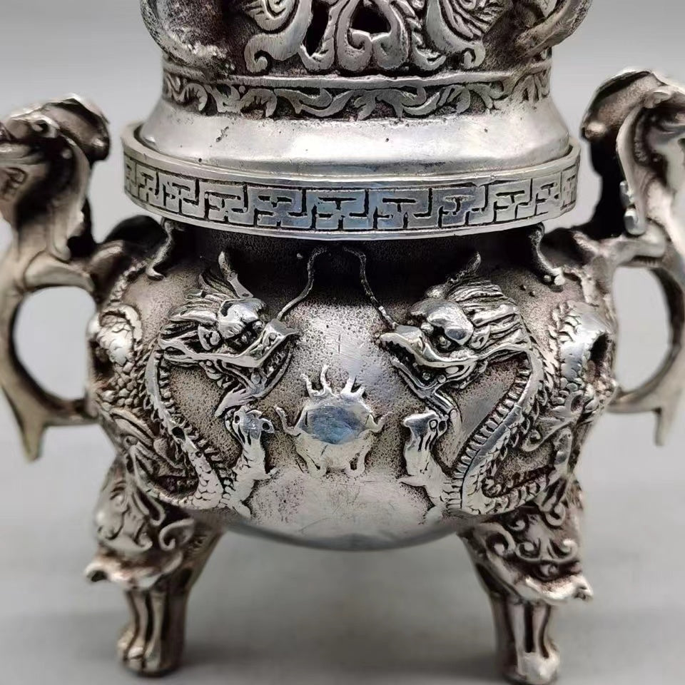 Antique White Bronze Two Dragons Playing Pearls Incense Burner Incense Burner Ornament