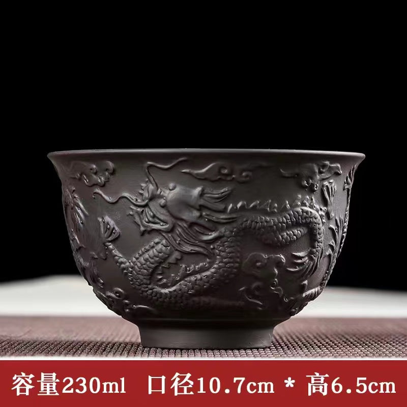 Yixing purple clay dargon embossed teacup
