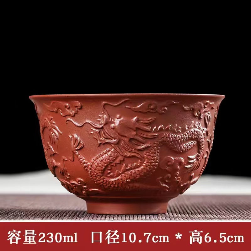 Yixing purple clay dargon embossed teacup