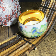 Load image into Gallery viewer, Hand painted golden tea cup in the painting of green thousand miles of rivers and mountains
