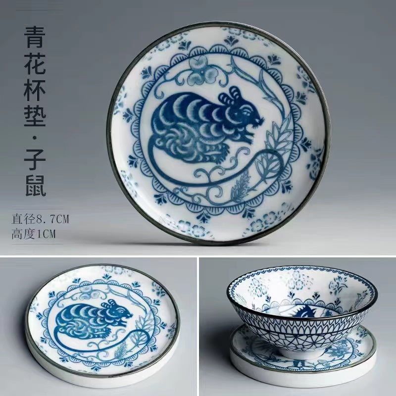 12 Zodiac blue and white porcelain tea cup mat with holder