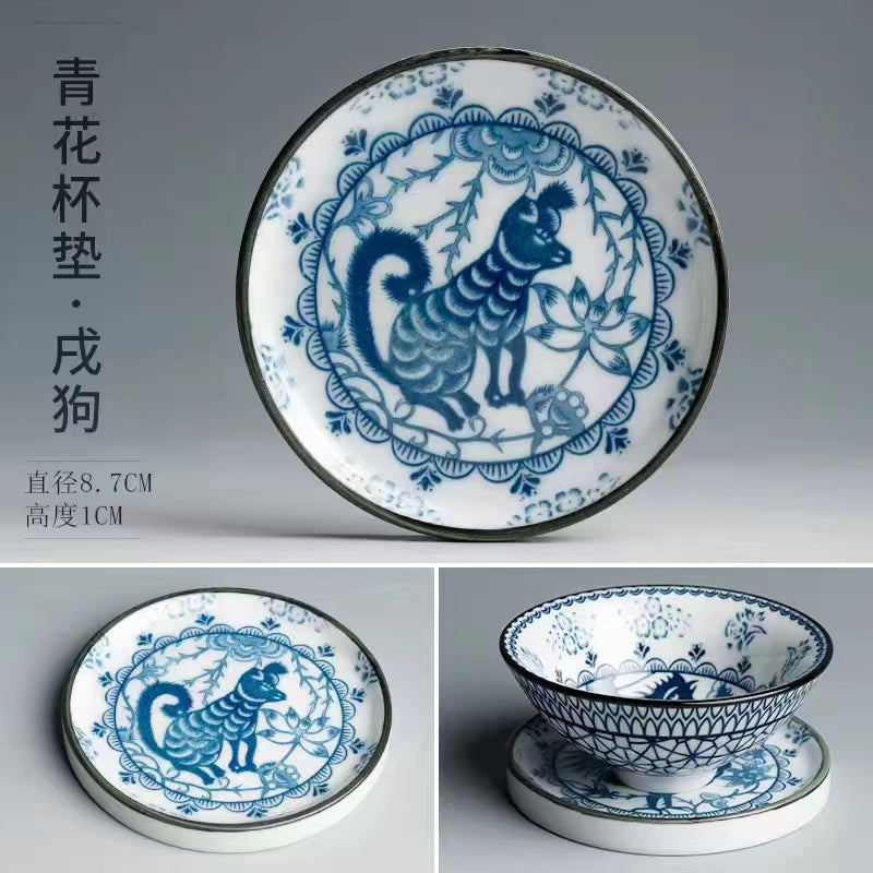 12 Zodiac blue and white porcelain tea cup mat with holder