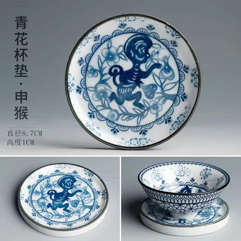 12 Zodiac blue and white porcelain tea cup mat with holder