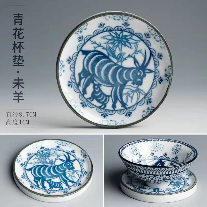 12 Zodiac blue and white porcelain tea cup mat with holder