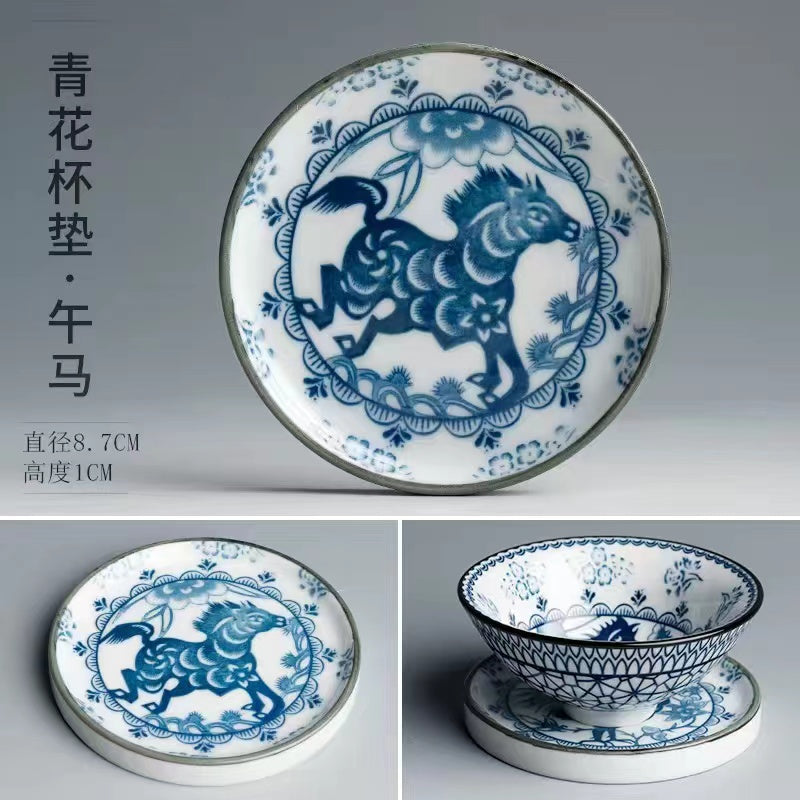 12 Zodiac blue and white porcelain tea cup mat with holder