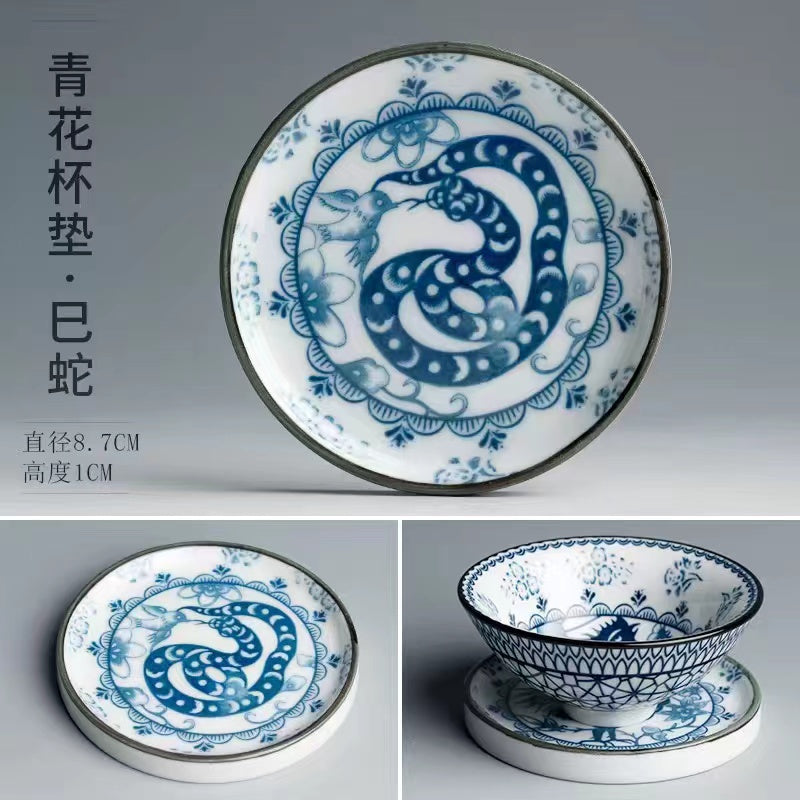 12 Zodiac blue and white porcelain tea cup mat with holder