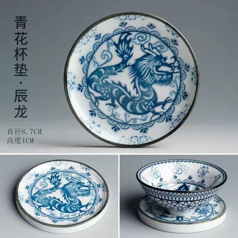 12 Zodiac blue and white porcelain tea cup mat with holder